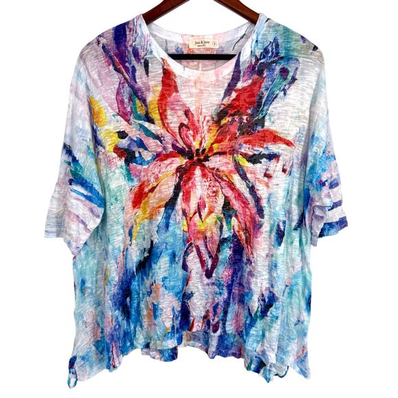 Jess & Jane Sz Small Tropical Beach Wearable Art Stretchy Blouse Shirt Top Artsy - Picture 1 of 6